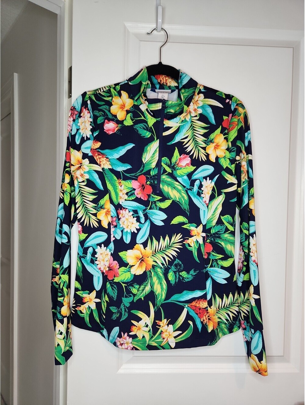 Tommy Bahama Pullover Womens L Racquet & Paddle Navy Tropical Floral Quarter Zip